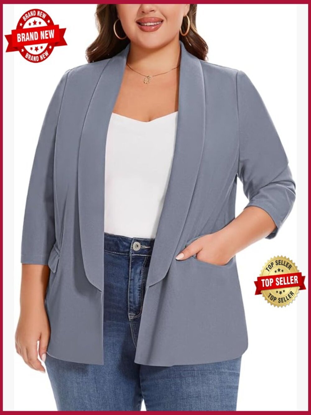 Plus Size 3/4 Sleeve Open Front Blazer Jacket with Pockets Work Office